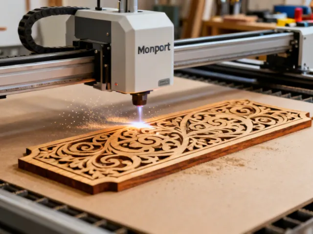 Monport CO2 laser engraver in a workshop creating a detailed wooden engraving