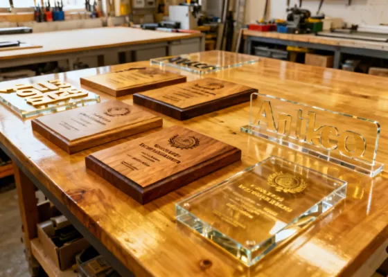 Custom signage and award plaques produced with a Monport CO2 laser engraver